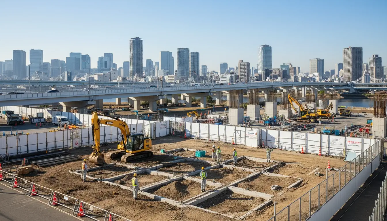 重機オペレーターや職人など様々な作業員が協力して作業している風景