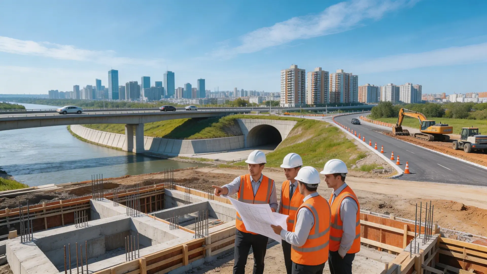 完成した巨大な高速道路や新しい街の全景